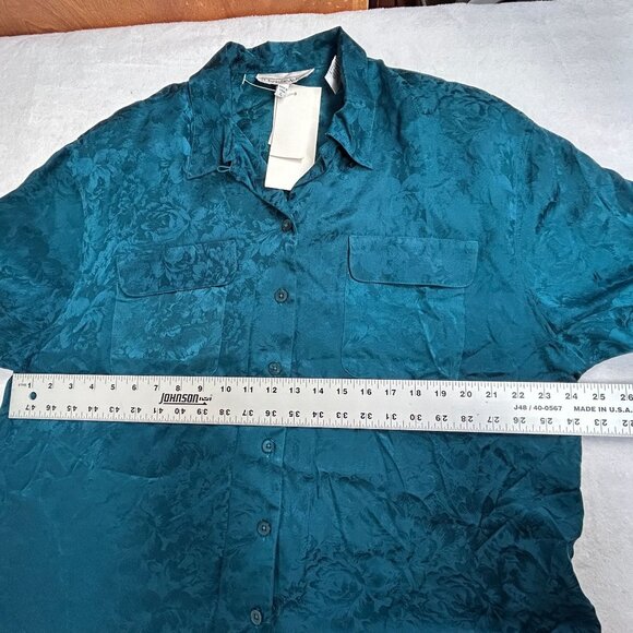 Christie & Jill Womens X-Large XL Teal Floral Jacquard Silk Button-Up Shirt New - Picture 6 of 7